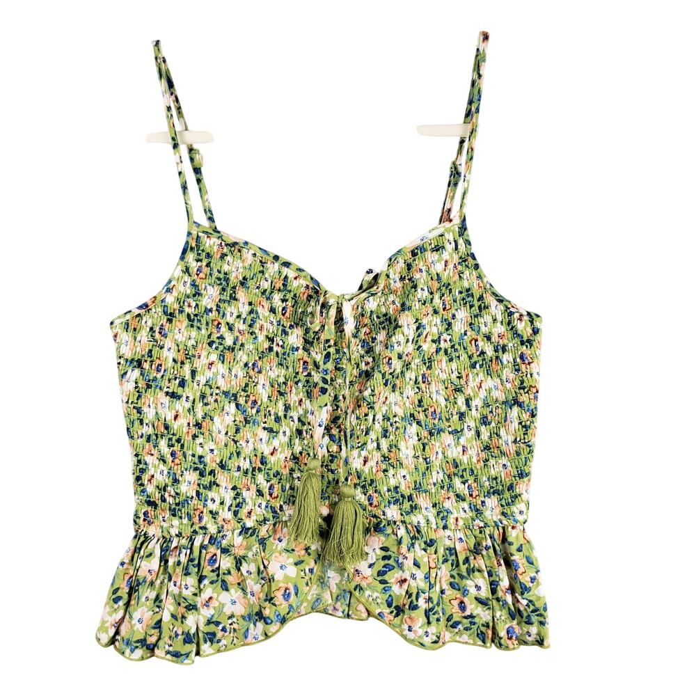 BOG Collective S Peplum Ruffle Crop Tank Top Sage Blue Floral Tassel Soft Girl